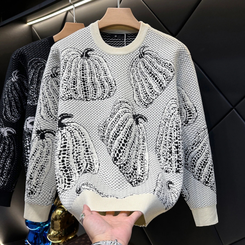 26Ss Autumn New 3D Pumpkin Jacquard Sweater Men's Loose Round Neck Knitwear Trendy Cool Top