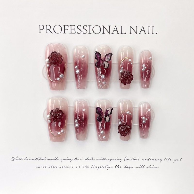 Handmade Wearable Nails, Hot Girl Style, Burgundy Camellia Butterfly Fake Nails, Handmade Wearable Nail Patches, Nail Art That Makes Skin Look Fairer Handmade Wearable Nails, Hot Girl Style, Burgundy Camellia Butterfly Fake Nails, Handmade Wearable Nail Patches, Nail Art That Makes Skin Look Fairer