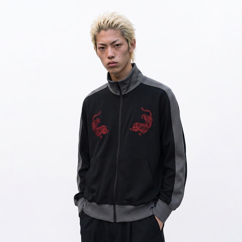 Nastyhub26Aw'Hidden Dragon' Dragon and Tiger Print Short Wide Black and Gray Color-Blocked Light Stand-Up Collar Sweatshirt Jacket