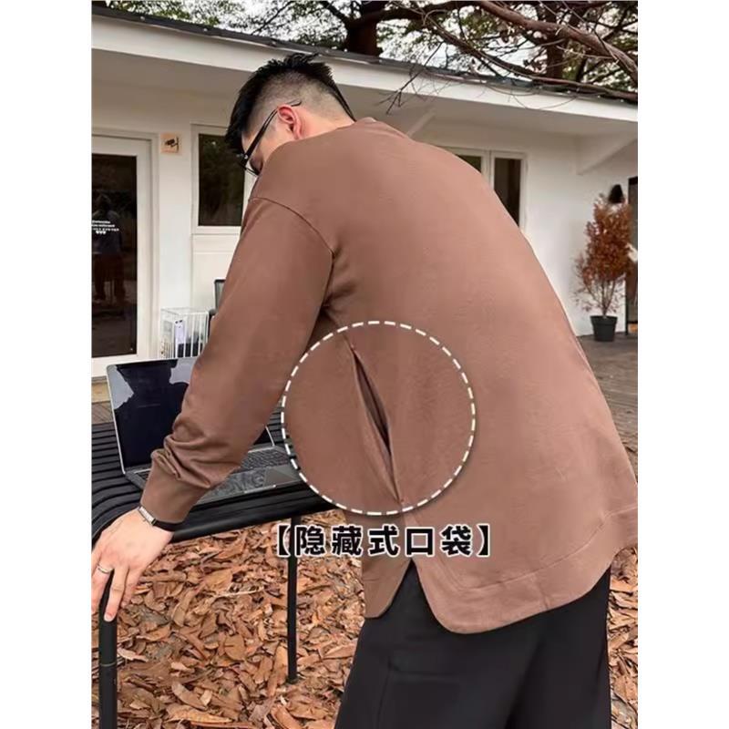 Autumn and Winter 150kg Plus Size Hidden Pocket Retro Casual Base Shirt for Men, American Style Loose Fit Long Sleeve T-Shirt Trendy