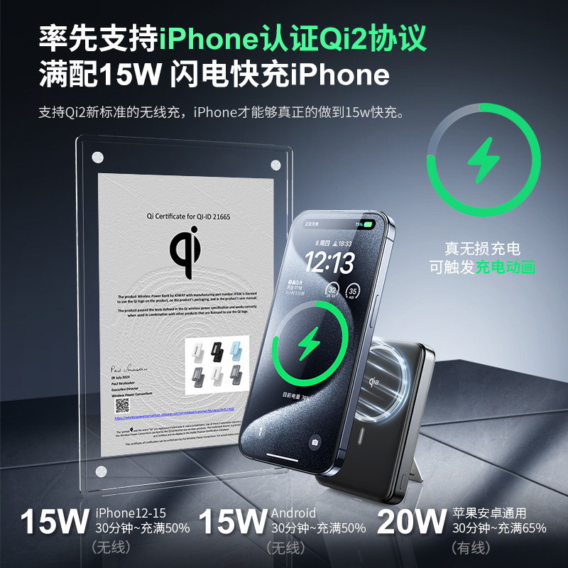 TopRhino Expedition Qi2 マグネット式パワーバンク MagSafe マグネット式ワイヤレスパワーバンク Apple iPhone 15/14 Pro Max 高速充電スタンド付き 10000mAh パワーバンク