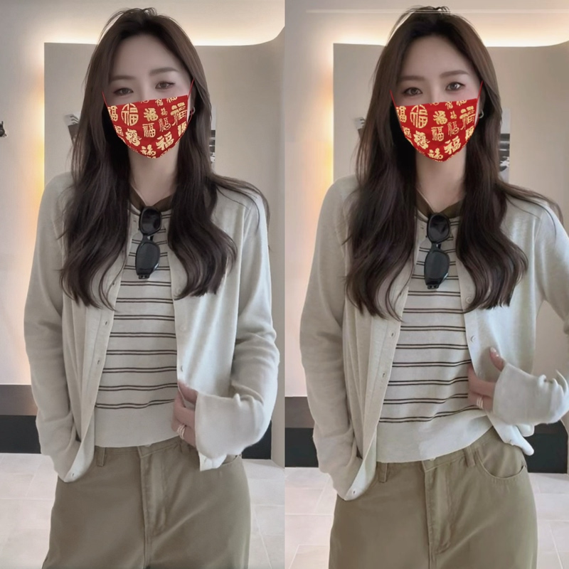 Korean-Style Color-Blocking Striped Faux Two-Piece Knit Cardigan for Women, Autumn and Winter, Soft and Fashionable, Casual Slim-Fit Base Top