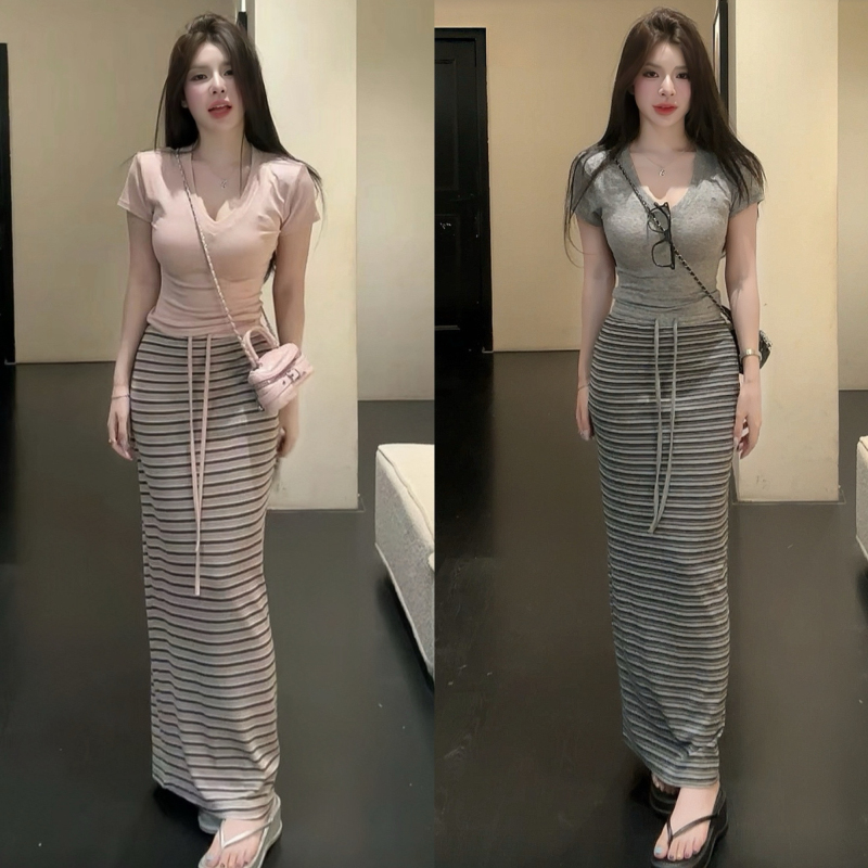Summer Outfit Set, Korean Style Pure Desire Hot Girl Style, Slim Fit Short-Sleeved T-Shirt, Striped Skirt Two-Piece Set