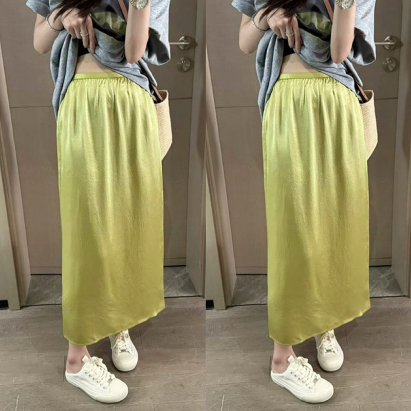 French-Style High-End Drapey Slit Acetate Skirt for Women, Summer High-Waisted Slimming Mid-Length Satin A-Line Straight Skirt