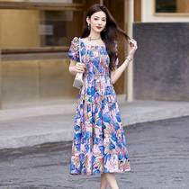 New trendy French romantic bohemian style waist slimming square neck dress for summer 2024