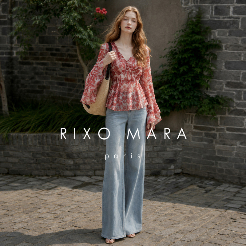 Rixo Mara French Retro V Neck Bell Sleeve Floral Shirt Women's Autum 2026 New Age-Reducing Long-Sleeved Top Rixo Mara French Retro V Neck Bell Sleeve Floral Shirt Women's Autum 2026 New Age-Reducing Long-Sleeved Top