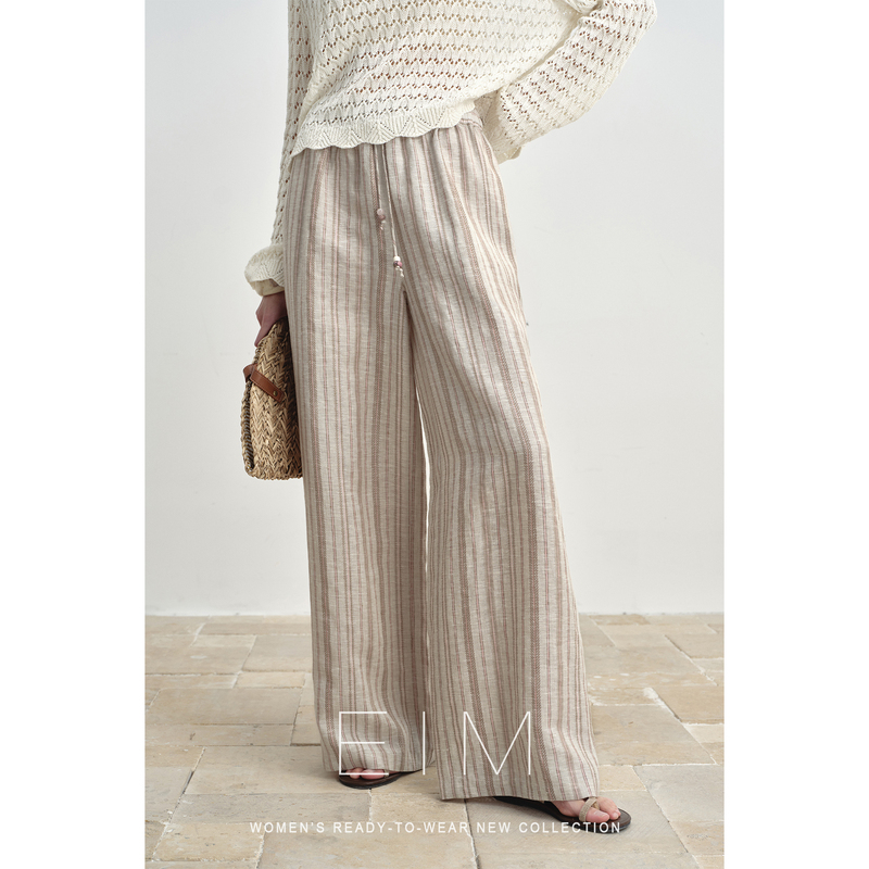 Eim Soft Paper-Like Feel Multi-Colored Woven 100% Linen Drapey Elastic Waist Straight-Leg Air Pants Casual Long Pants for Women