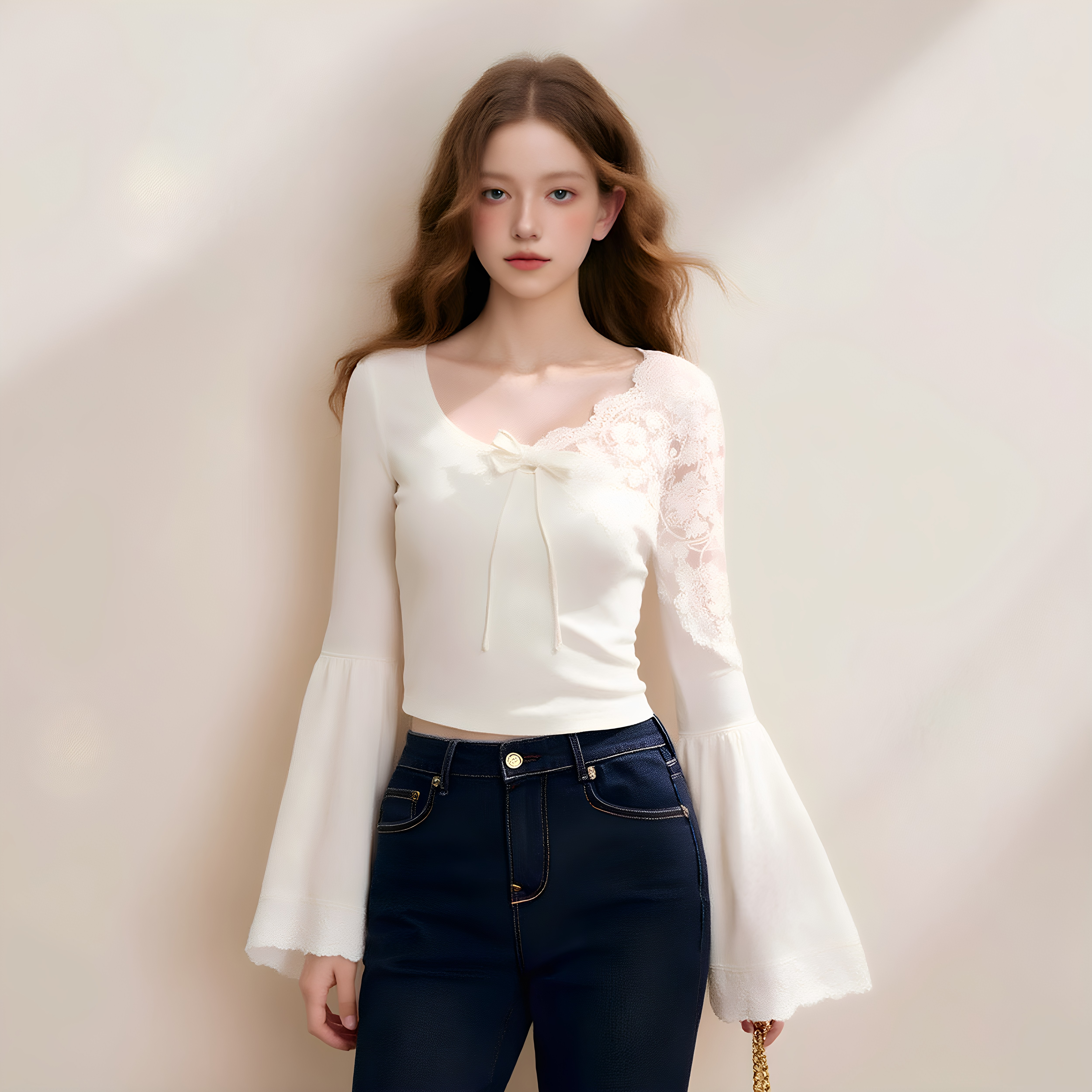 Special offer! Autumn sweet style white T-shirt with lace trim, bell sleeves, and bow, women's top.