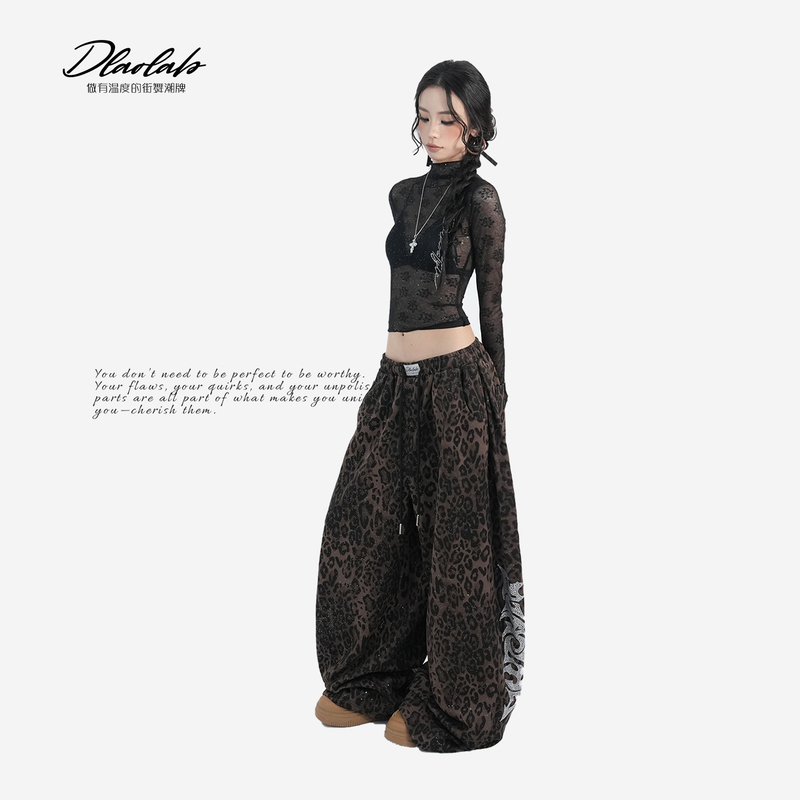 Trendy Street Dance Brand Original Leopard Print Glitter Sweatpants Jazz Rhinestone Hot Girl American Street Casual Pants 9978