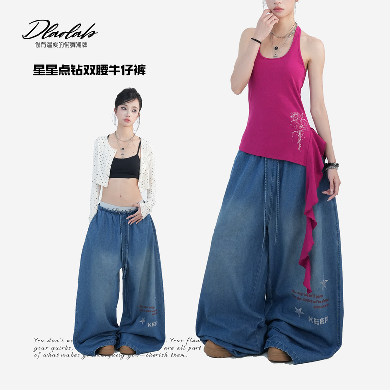 Original Hip-Hop Streetwear Brand's "Star-Studded Double Waist Jeans" High-Waisted American-Style Washed Vintage Jazz9716