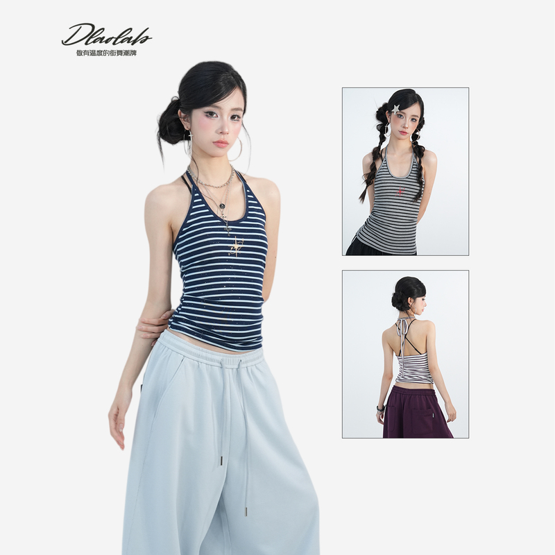 Trendy Street Dance Brand Original Y2K Striped Shimmer Strap Tank Top American Style Slim Fit Dance Top B576