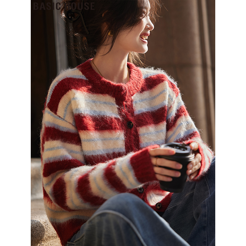Basic House/Baijiahao Lazy Style Soft Knit Cardigan New Year Red Striped Sweater for Women Autumn Basic House/Baijiahao Lazy Style Soft Knit Cardigan New Year Red Striped Sweater for Women Autumn