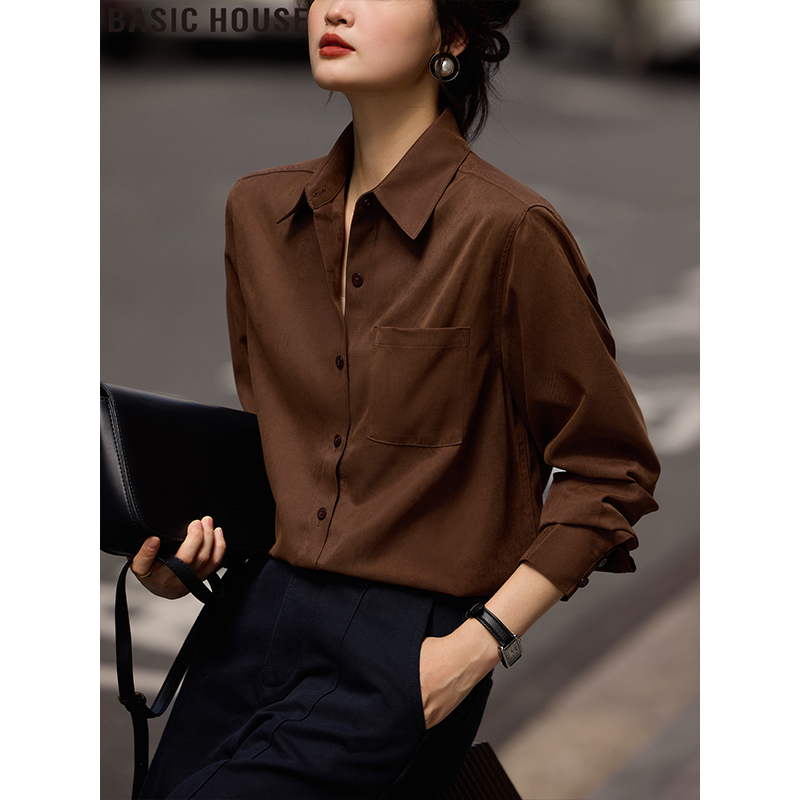 Basic House/Baijiahao Maillard Brown Polo Collar Long Sleeve Shirt Vintage Shirt for Women 2026 Autumn Basic House/Baijiahao Maillard Brown Polo Collar Long Sleeve Shirt Vintage Shirt for Women 2026 Autumn