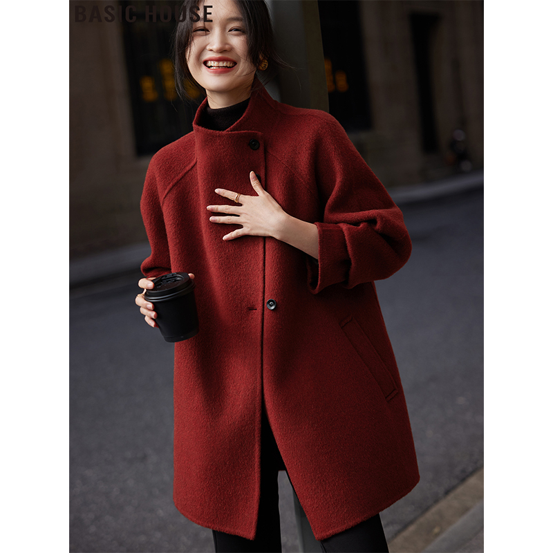 Basic House/Baijiahao Ankora Red Mid-Length Sheep Wool Coat Double-Sided Woolen Jacket for Women 2026 Winter Basic House/Baijiahao Ankora Red Mid-Length Sheep Wool Coat Double-Sided Woolen Jacket for Women 2026 Winter