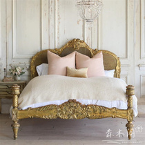 American carved solid wood rattan double bed retro light luxury Nordic wedding bed golden old princess bed 1 8m bed