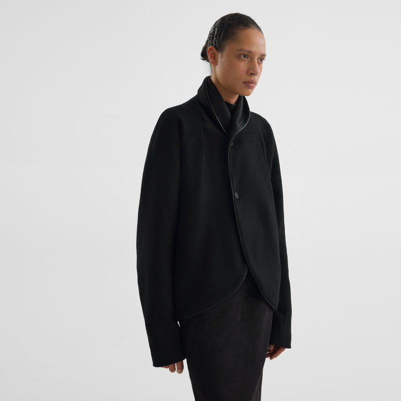 Slight Vogue｜Looped Leather-Trimmed Woolen Faux Double-Collar Cocoon-Style Jacket