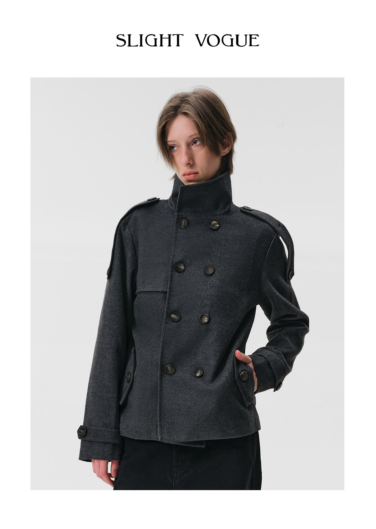 Slight Vogue Grey Stand-Collar Double-Breasted Coat