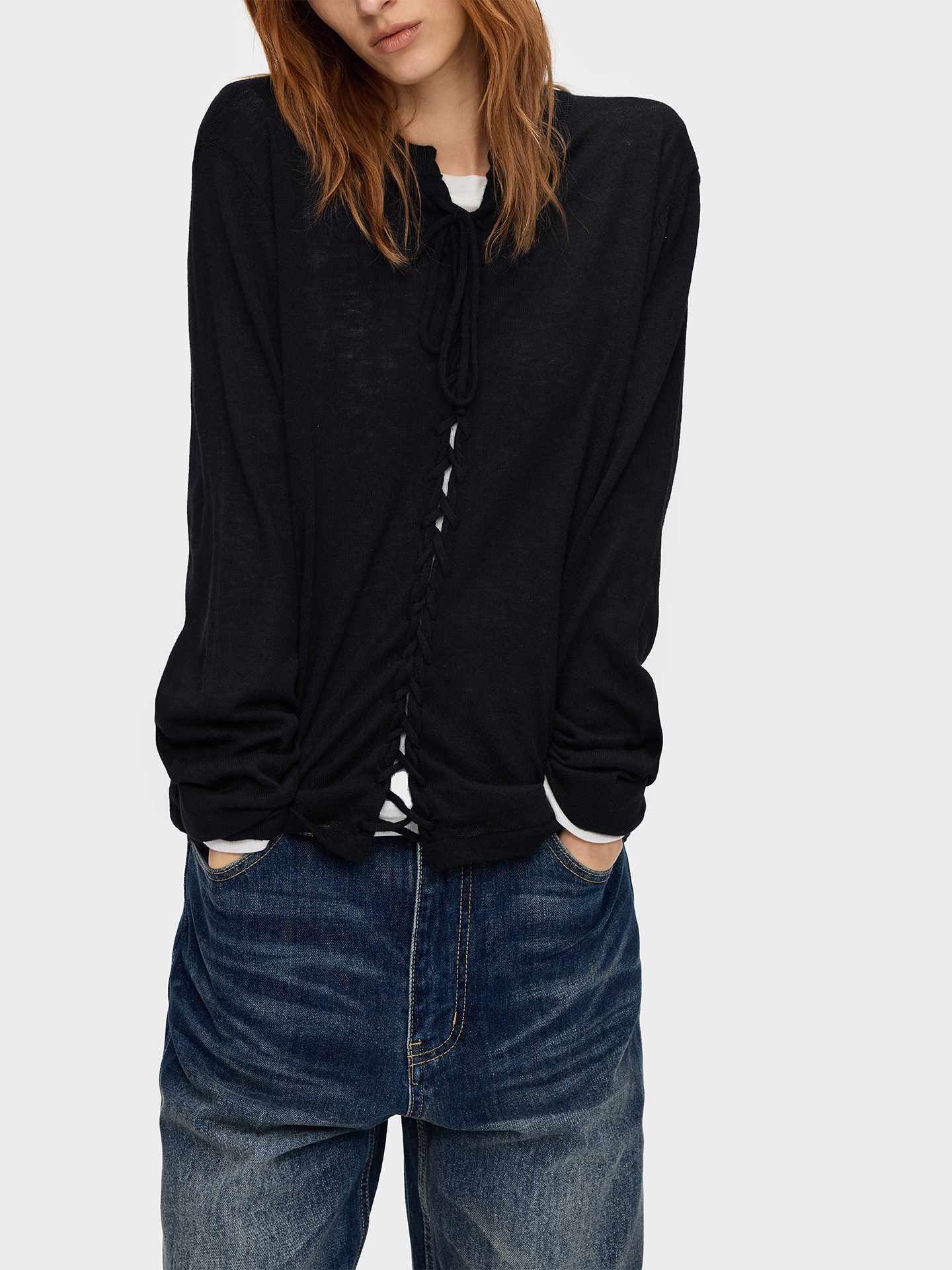Slight Vogue Wool Braided Tie-Front Knit T-Shirt