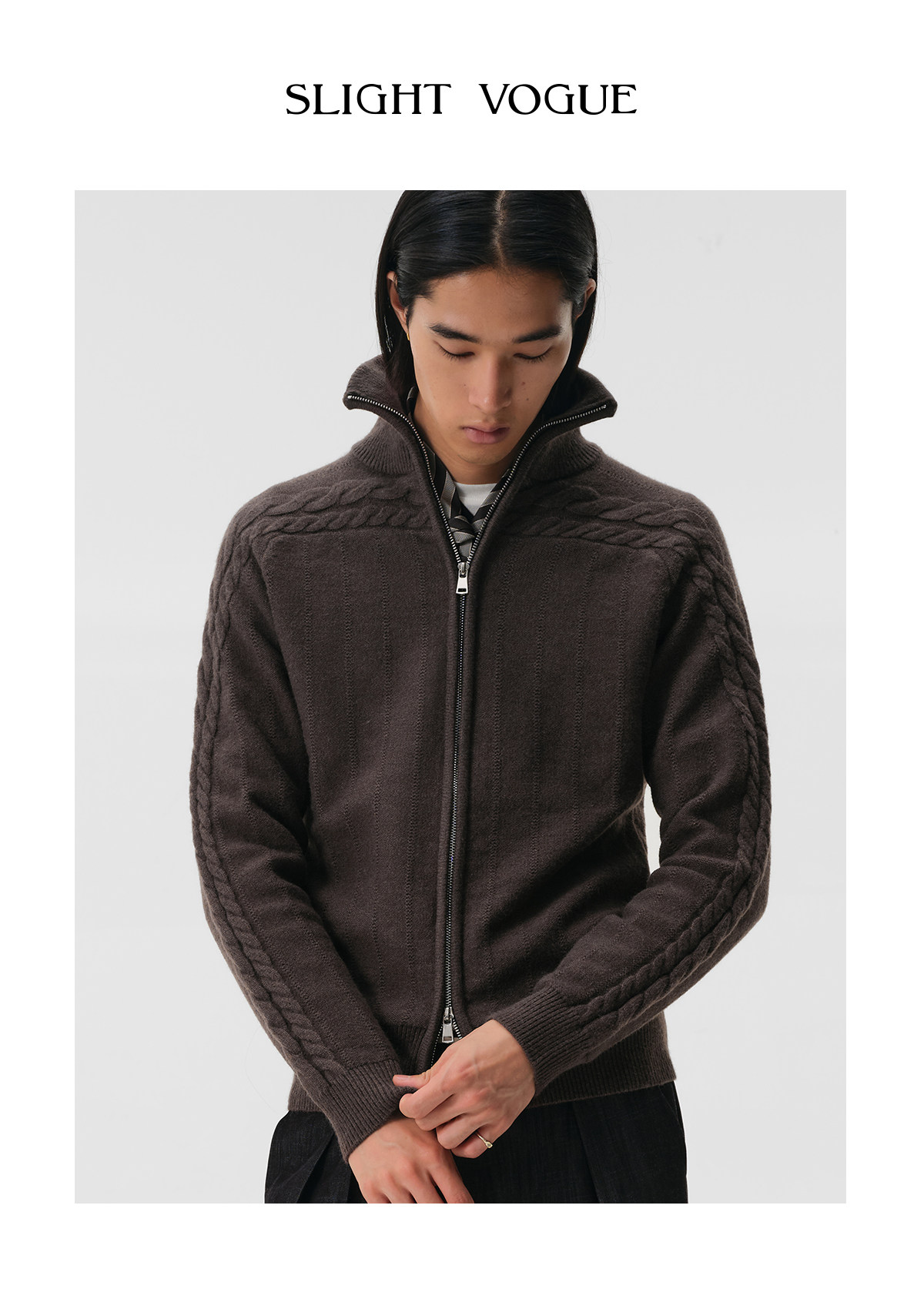 Slight Vogue Cable-Knit Stand Collar Cardigan