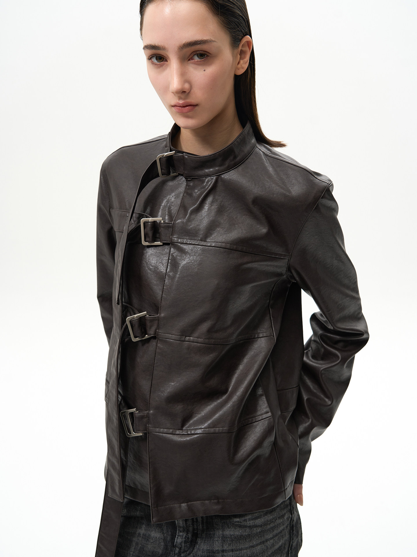 Slight Vogue Asymmetric Cropped PU Jacket