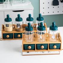 Creative ceramic seasoning box set home kitchen storage seasoning jar spoon and lid integrated seasoning jar combination