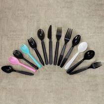 Disposable plastic black individually packaged fruit forks and spoons salad forks and fruit takeaway thickened 100 pieces