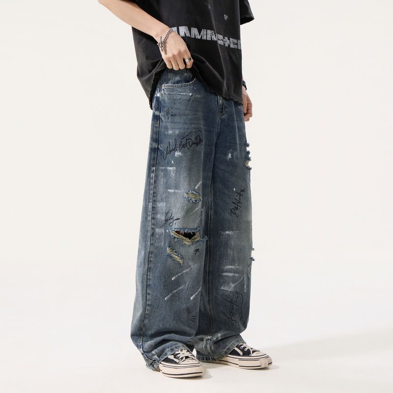 French Brand 26/New Style Ripped Jeans for Men — Loose Wide-Leg Drapey Trendy High-Street Pants with Personality