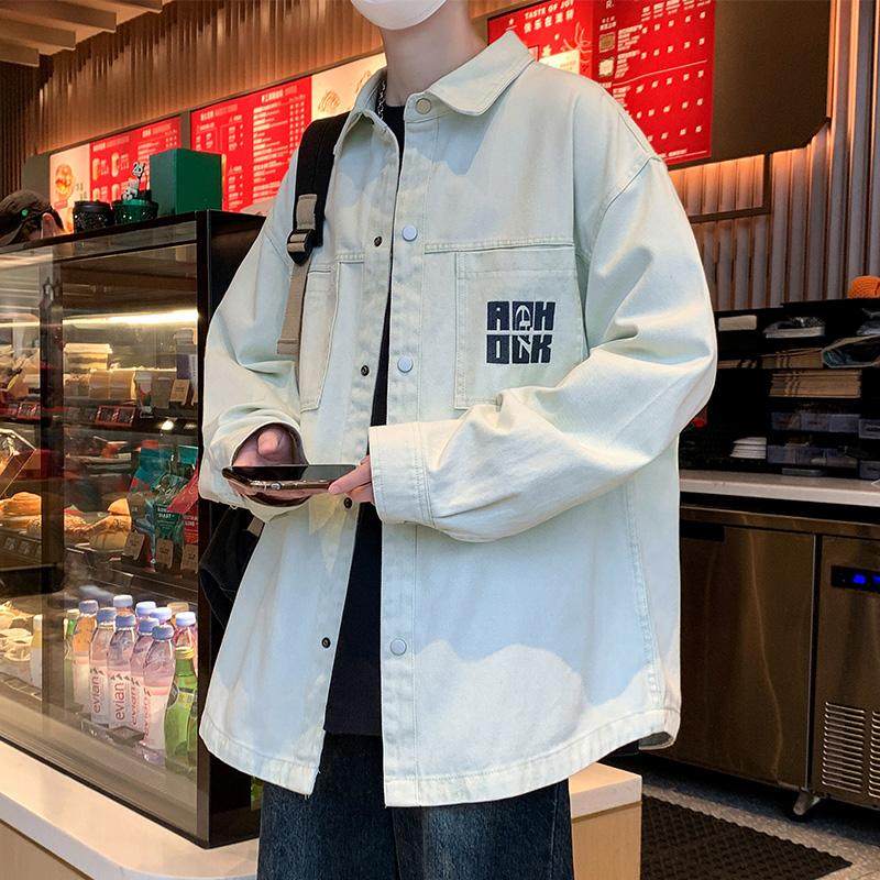 メンズウォッシュドデニムシャツ、長袖、春秋用、ティーンエイジャー向けの高級スタイルジャケット、ラペル、ハンサムな学生ジャケット