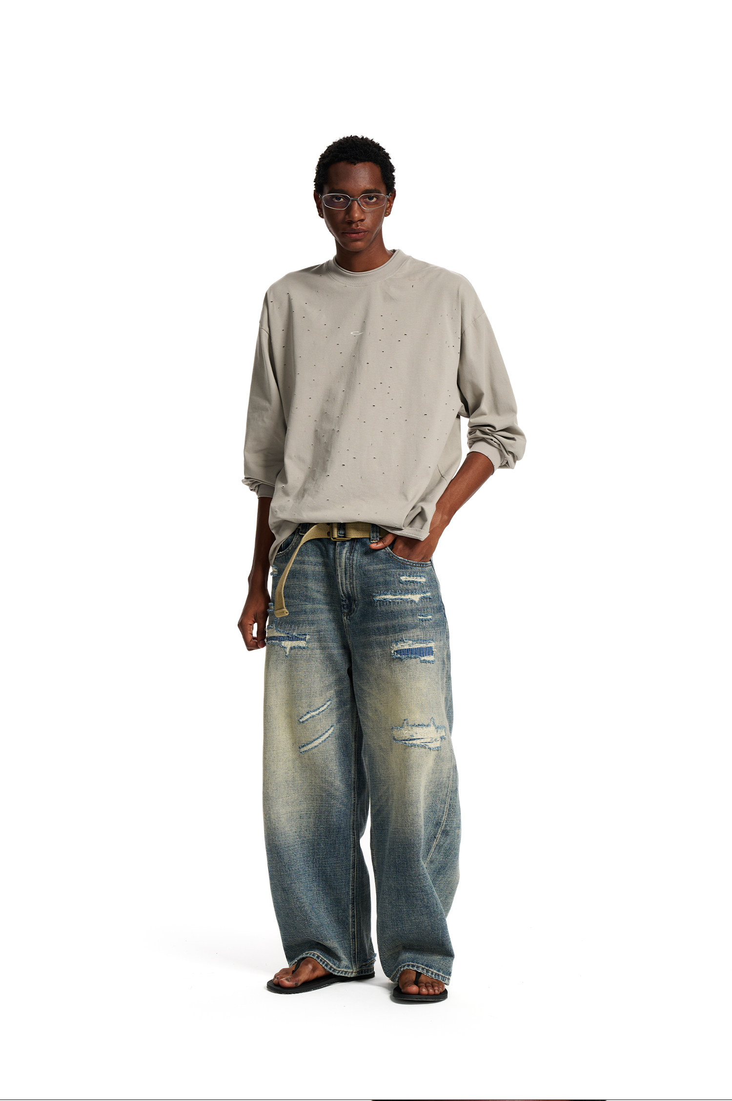 Loopsoon Distressed Loose Long-Sleeve Tee