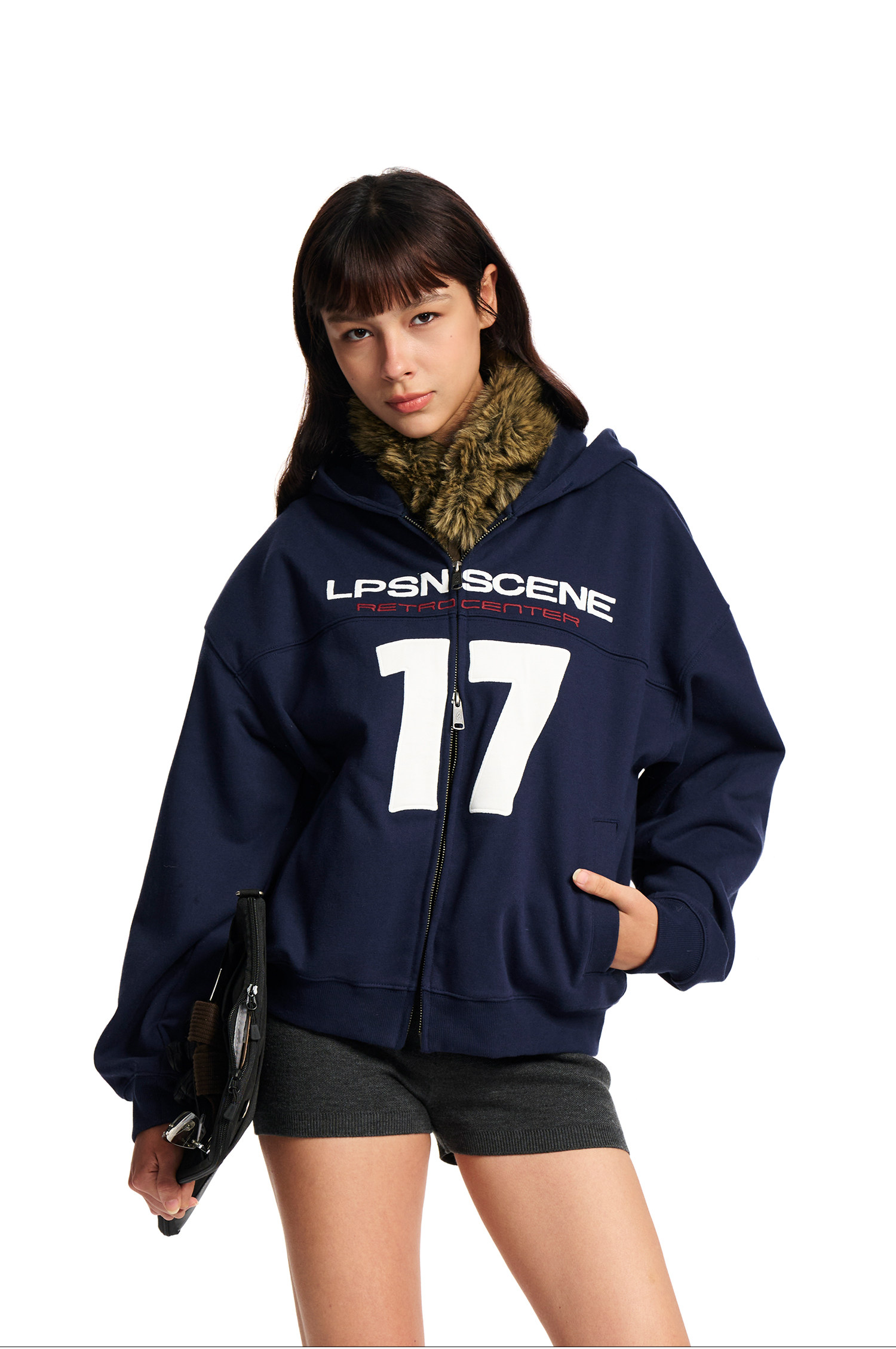 Loopsoon Number Patch Hooded Zip-Up Hoodie
