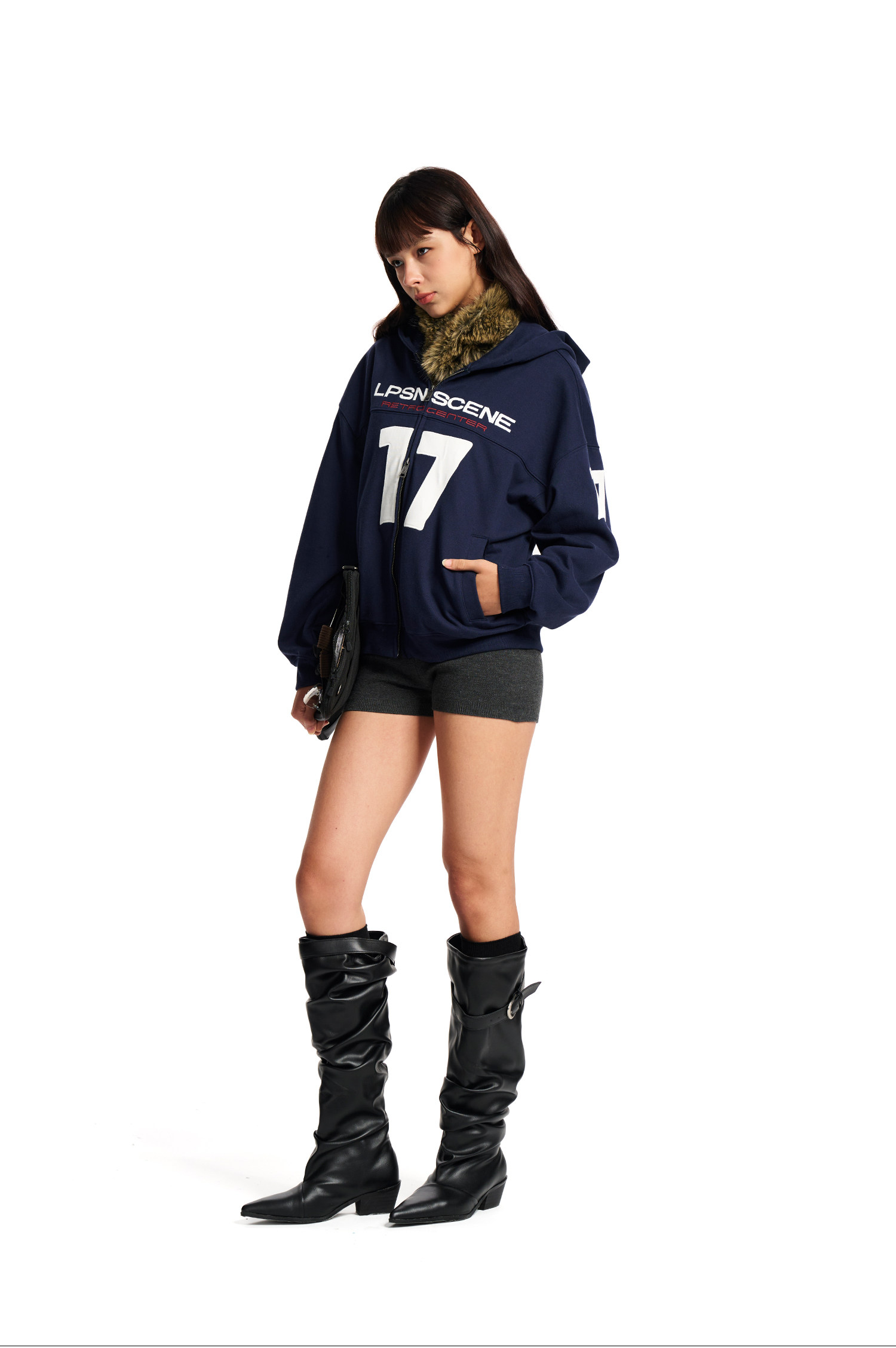 Loopsoon Number Patch Hooded Zip-Up Hoodie