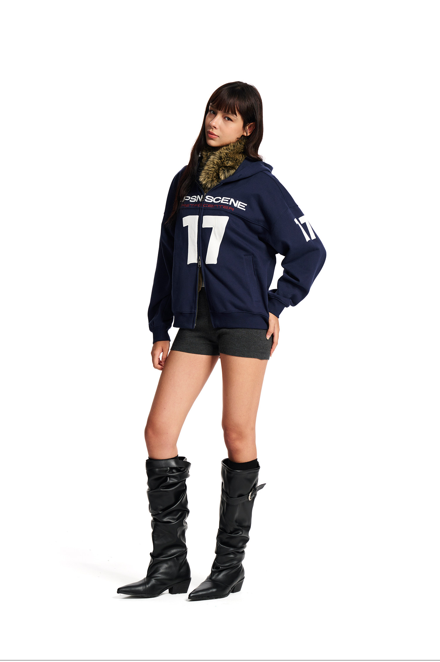Loopsoon Number Patch Hooded Zip-Up Hoodie
