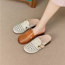 Zubaihui summer toe-toe slippers first-layer cowhide thick heel soft sole hollow outer wear sandals breathable fashionable mothers shoes