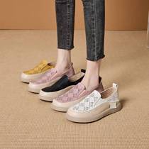 Genuine leather hollow breathable loafers for women 2024 summer new flat casual shoes slip-on slip-ons