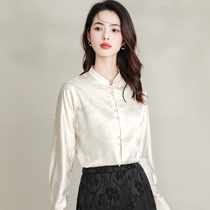 New Chinese Style Disc Button Silk Shirt Jacquard Stand Collar Long Sleeve Top 2024 Spring and Autumn New Short Shirt