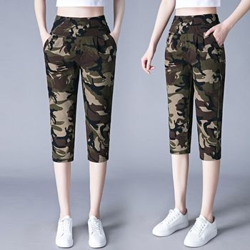 Summer thin 7-point pants for women's elastic o loose slim elastic waist camouflage 7-point small feet pencil pants mid-pants sports pants