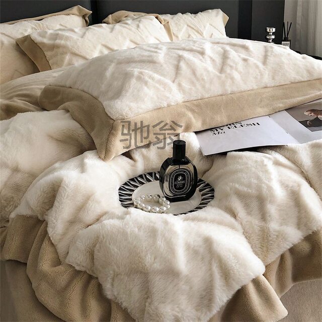 Yij high-end Class A rabbit plush bed four-piece set milk velvet thickened winter coral velvet plus velvet quilt cover flange