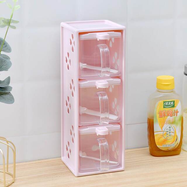Three-Compartment Seasoning Box Kitchen Condiment Salt Box Spice Jar Drawer-Type with Spoon Plastic Seasoning Rack Can Be Hung on the Wall