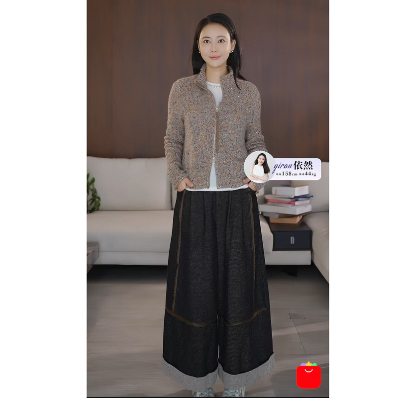 [Still a Top Pick] Yarn-Dyed Linen-Cotton Color-Blocked Cropped Wide-Leg Casual Pants
