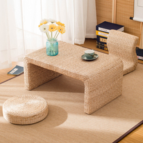 Simple solid wood straw woven rattan tatami coffee table bay window table tea ceremony low table rectangular small table balcony floor table