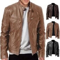 2024 Mens Fashion Leather Jacket Slim Fit Stand Collar PU Ja
