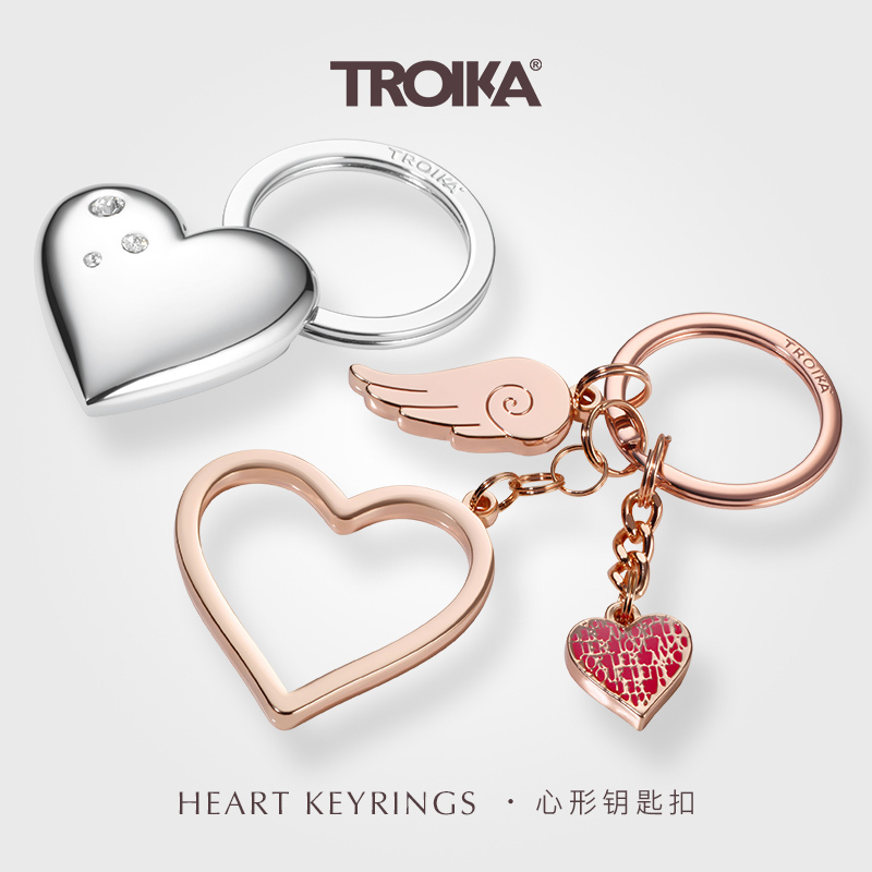 German Troika Heart-Shaped Metal Keychain with Rose Gold Swarovski Rhinestone Decoration for Women