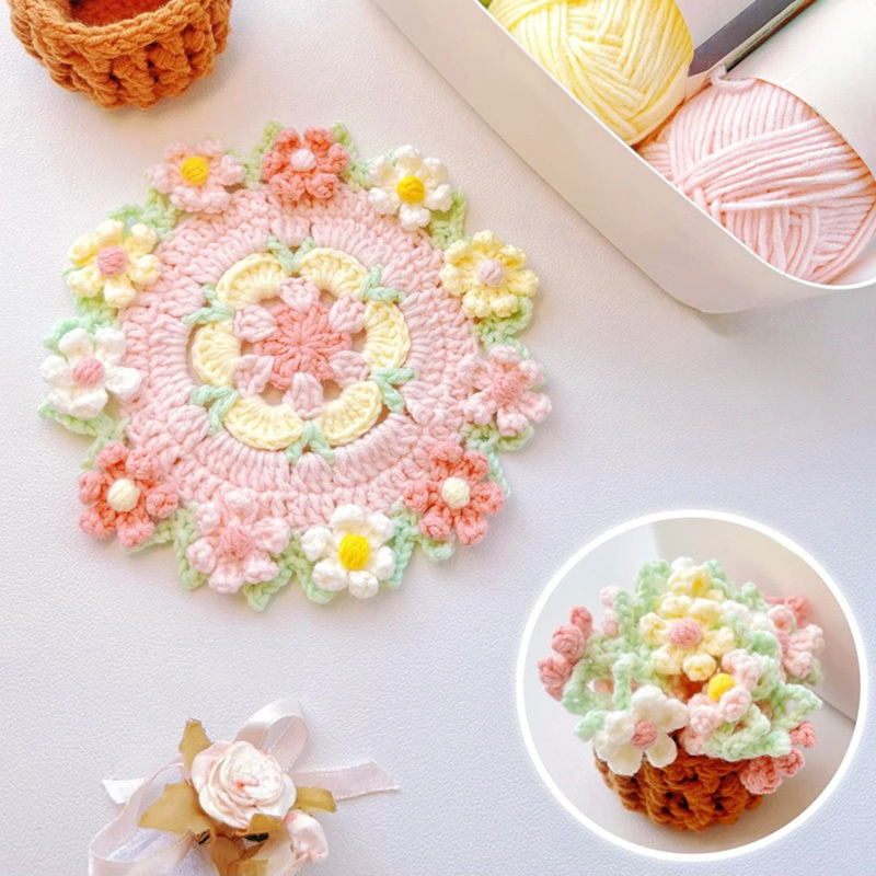 Daisy Bouquet Coaster Yarn DIY Crochet Kit Lily of the Valley Handmade Knitted Rose Boredom-Relief Crochet