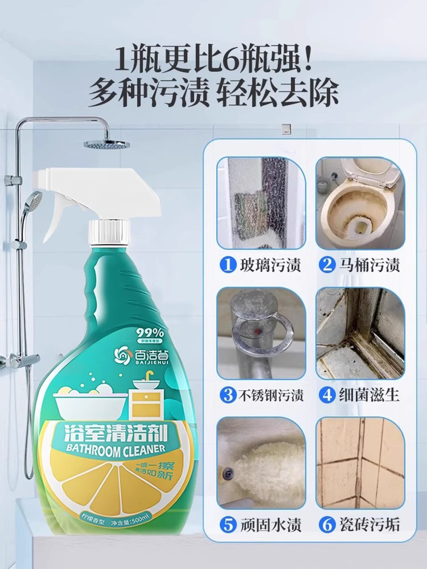 Bathroom Cleaner, Glass Faucet, Toilet, Tile Descaler, Toilet Shower Room Powerful Stain Remover