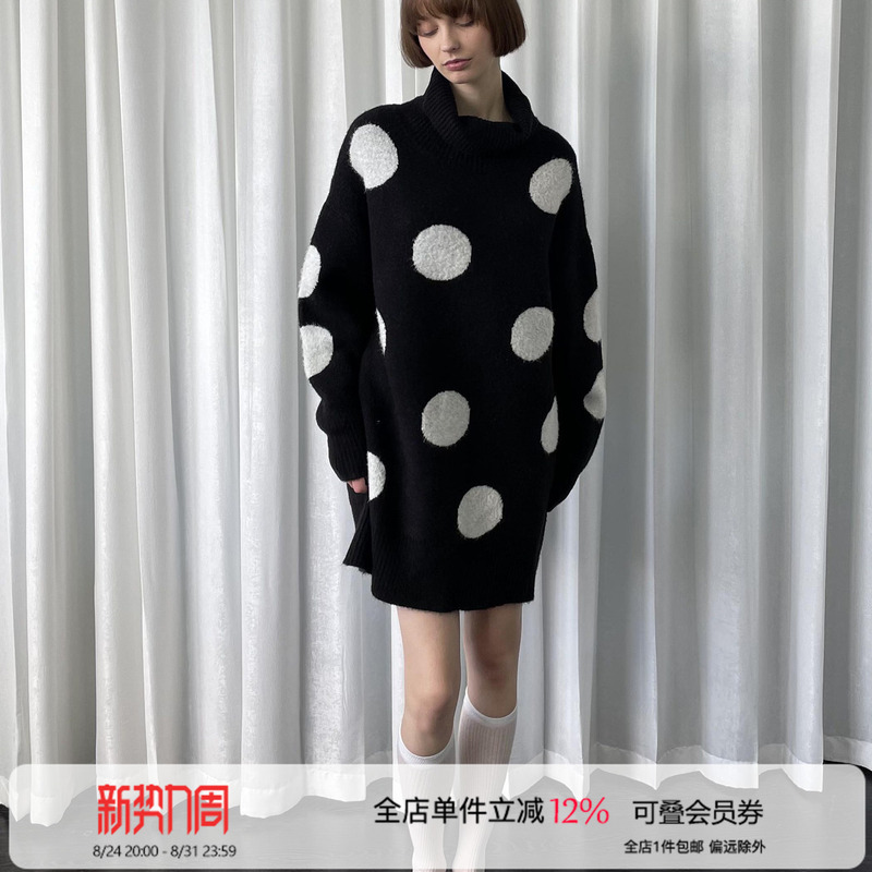 Loosesmell Loose-Fitting Sweater with Black and White Polka Dots, Long Style for Women, Versatile for Autumn and Winter, Lazy Slouchy Turtleneck Sweater Loosesmell Loose-Fitting Sweater with Black and White Polka Dots, Long Style for Women, Versatile for Autumn and Winter, Lazy Slouchy Turtleneck Sweater