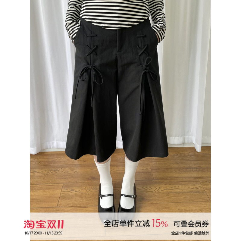 Loosesmell Loose-Fitting Black Cropped Wide-Leg Pants for Women with Bow Tie Straps