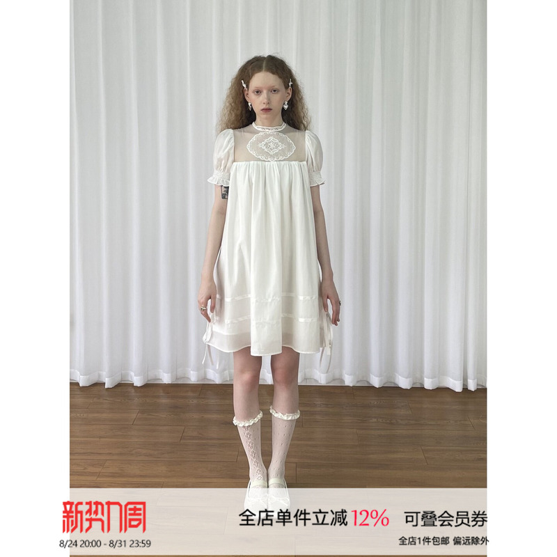 Loosesmell Deodorizing Lace Spliced Mesh White Babydoll Dress Slimming Versatile Summer Dress Loosesmell Deodorizing Lace Spliced Mesh White Babydoll Dress Slimming Versatile Summer Dress