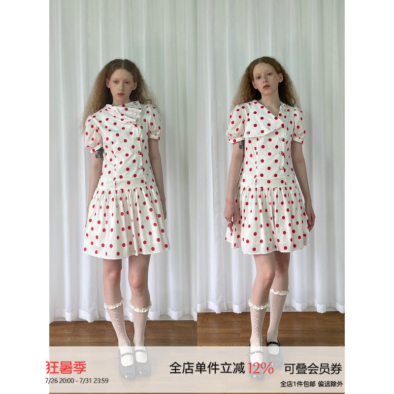 Loosesmell Loose-Fitting Scent Half-High Collar Red Polka Dot Puff Sleeve Dress for Women, Slimming Retro Dress Loosesmell Loose-Fitting Scent Half-High Collar Red Polka Dot Puff Sleeve Dress for Women, Slimming Retro Dress