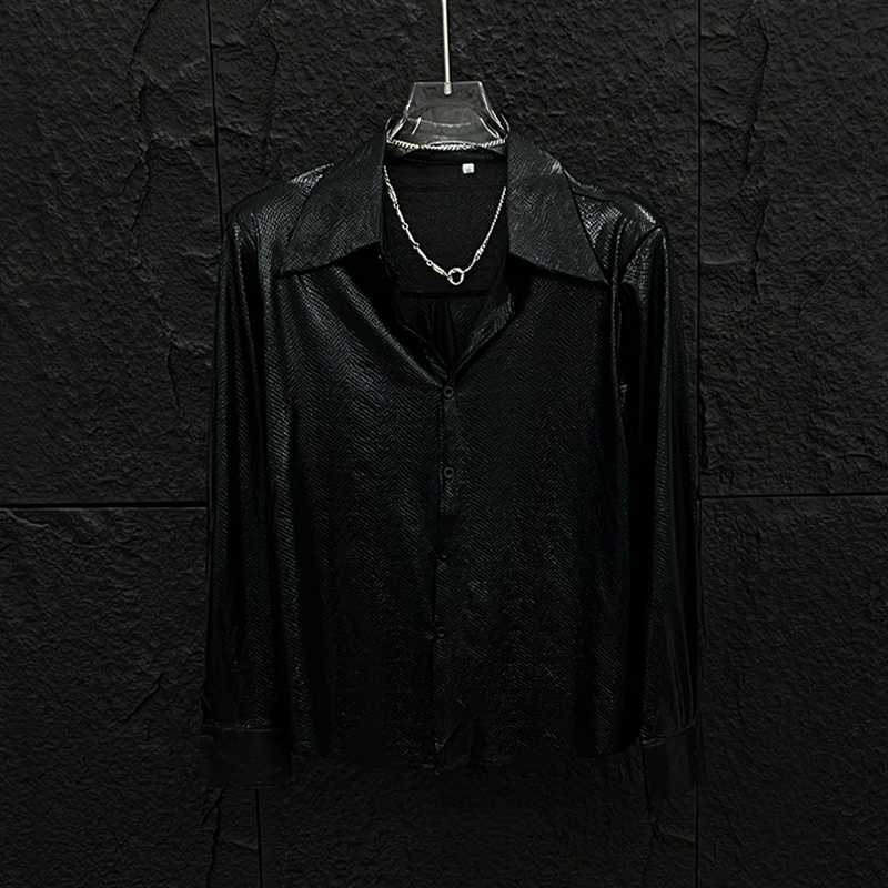 High-End Black Retro Snakeskin Pattern Design Shoulder-Padded Long-Sleeved Shirt for Men, Fashionable Semi-Transparent Cool Casual Shirt