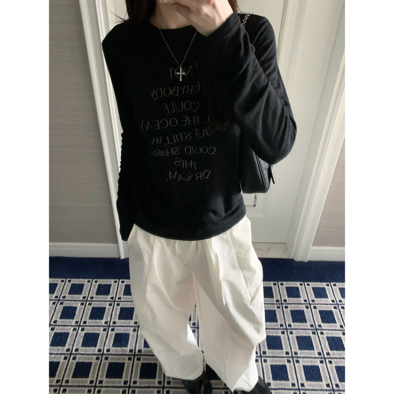 Undefined Jennie Style Korean Thin Letter Print Long-Sleeve T-Shirt Base Layer